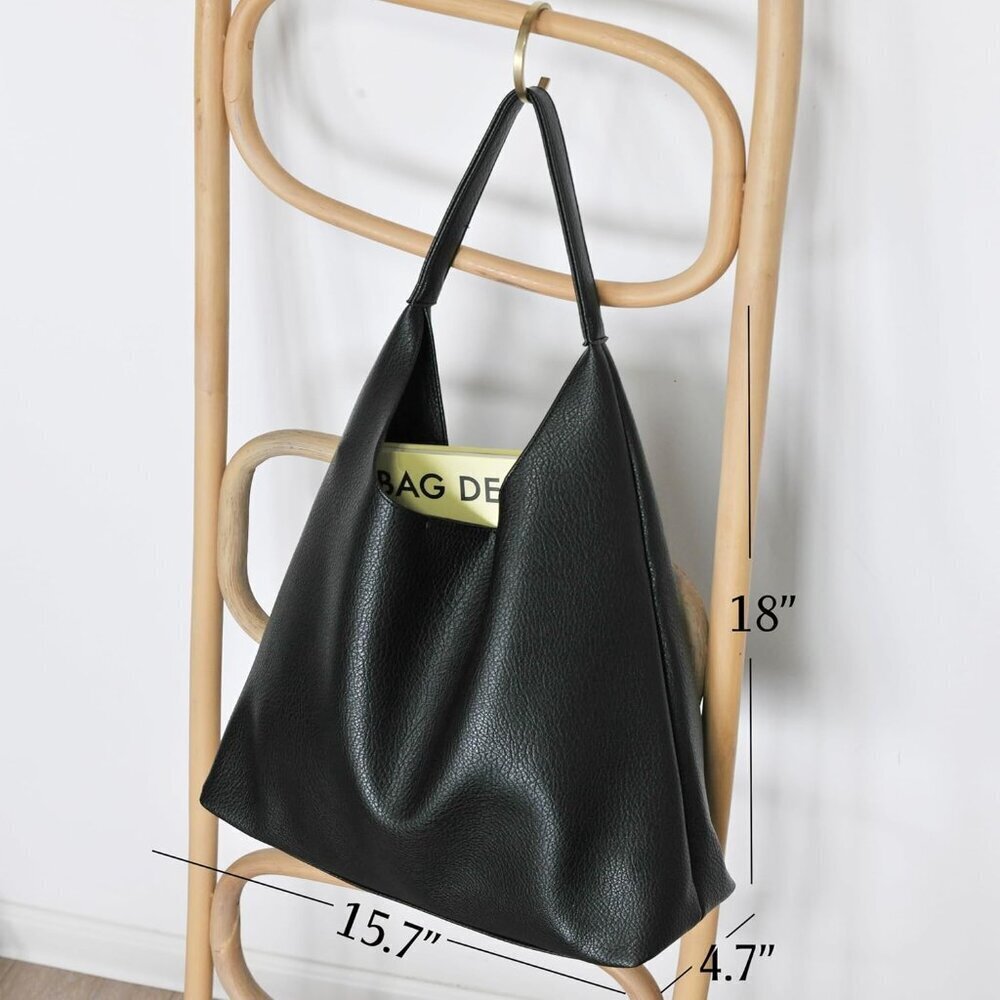 Hobo Black Bags for Women Soft Vegan Leather Slouchy Tote Shoulder Handbag - Picture 4 of 6